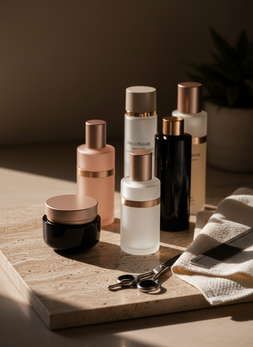 A close-up, artistic still life of premium haircare and beauty products arranged on a polished travertine stone slab, no people present. Elegant bottles and jars in frosted glass, glossy black, and soft nude tones stand in a harmonious composition, some with subtle gold accents. A pair of precision steel scissors and a fine-toothed comb rest beside a folded, ivory towel with a delicate woven border. Warm, directional side lighting from an unseen window creates refined highlights on glass surfaces and gentle, elongated shadows across the stone texture. Photographic realism with shallow depth of field, focusing sharply on the foreground products while the background fades into a velvety blur, giving a sophisticated, editorial feel suitable for promoting high-end beauty services and treatments.