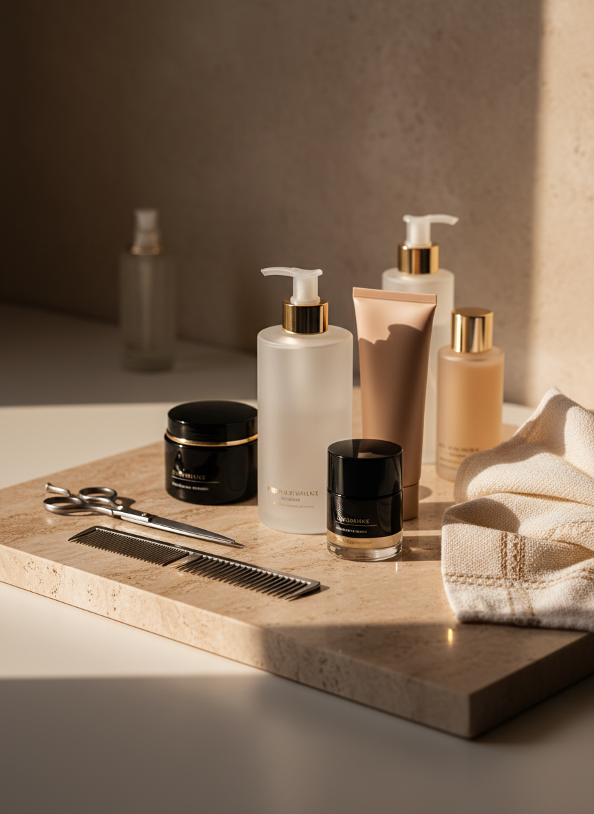 A close-up, artistic still life of premium haircare and beauty products arranged on a polished travertine stone slab, no people present. Elegant bottles and jars in frosted glass, glossy black, and soft nude tones stand in a harmonious composition, some with subtle gold accents. A pair of precision steel scissors and a fine-toothed comb rest beside a folded, ivory towel with a delicate woven border. Warm, directional side lighting from an unseen window creates refined highlights on glass surfaces and gentle, elongated shadows across the stone texture. Photographic realism with shallow depth of field, focusing sharply on the foreground products while the background fades into a velvety blur, giving a sophisticated, editorial feel suitable for promoting high-end beauty services and treatments.