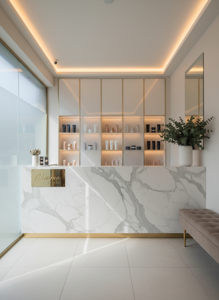 A luxurious, modern beauty salon reception interior without any people, featuring a sleek, white marble counter with subtle gray veining and a discreet gold logo plaque reading “Charme Tanya.” Behind the counter, illuminated shelves display elegant, minimalist haircare and skincare bottles in soft nude, ivory, and black tones. Warm, diffused ceiling lights and a large, frosted glass window bathe the space in gentle, flattering light, creating soft reflections on the marble surface. A plush, taupe velvet bench and a single large eucalyptus arrangement in a matte ceramic vase add sophistication. Photographic realism, shot at eye level with a slightly wide angle, sharp focus throughout, clean and modern composition that feels exclusive yet inviting, ideal as a hero image for a high-end beauty and hairstyle landing page.