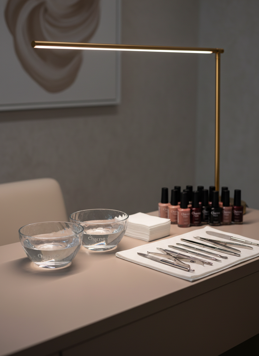 An intimate detail shot of a manicure and beauty area in a luxury salon, carefully staged without any hands or people. A smooth, pale taupe manicure table holds a neat arrangement: crystal-clear bowls with water, a fan of high-quality nail polish bottles in muted nude, blush, and deep wine tones, a soft lint-free pad stack, and precision stainless tools aligned on a folded, white linen napkin. Above, a slim, matte gold task lamp casts focused, warm light that pools gently over the setup, while the surrounding space remains softly dimmed. The background hints at textured walls and an abstract framed print in neutral tones, blurred through shallow depth of field. Photographic realism, close-up composition emphasizing cleanliness, elegance, and the meticulous care associated with Charme Tanya’s beauty services.