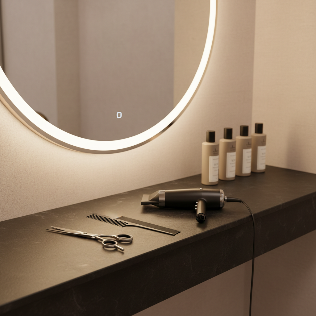 A refined hairstyling station in a high-end salon, shown without people, featuring a long, matte black counter with a single, carefully arranged set of tools: gleaming stainless-steel scissors, a carbon-fiber comb, a sleek black hairdryer, and a line of luxury product bottles in understated neutral packaging. A large, backlit round mirror with a soft halo glow dominates the background, surrounded by pale beige walls with a subtle textured finish. Warm, indirect LED lighting creates a calm, intimate atmosphere, casting delicate shadows and highlights on the tools. Photographic realism from a slightly elevated angle with shallow depth of field, keeping the tools in crisp focus while the mirror and wall softly blur, conveying precision, elegance, and professional care.