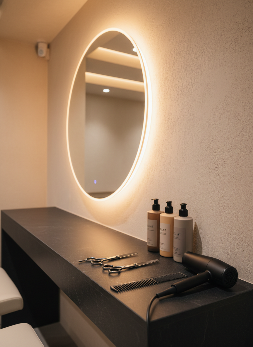 A refined hairstyling station in a high-end salon, shown without people, featuring a long, matte black counter with a single, carefully arranged set of tools: gleaming stainless-steel scissors, a carbon-fiber comb, a sleek black hairdryer, and a line of luxury product bottles in understated neutral packaging. A large, backlit round mirror with a soft halo glow dominates the background, surrounded by pale beige walls with a subtle textured finish. Warm, indirect LED lighting creates a calm, intimate atmosphere, casting delicate shadows and highlights on the tools. Photographic realism from a slightly elevated angle with shallow depth of field, keeping the tools in crisp focus while the mirror and wall softly blur, conveying precision, elegance, and professional care.